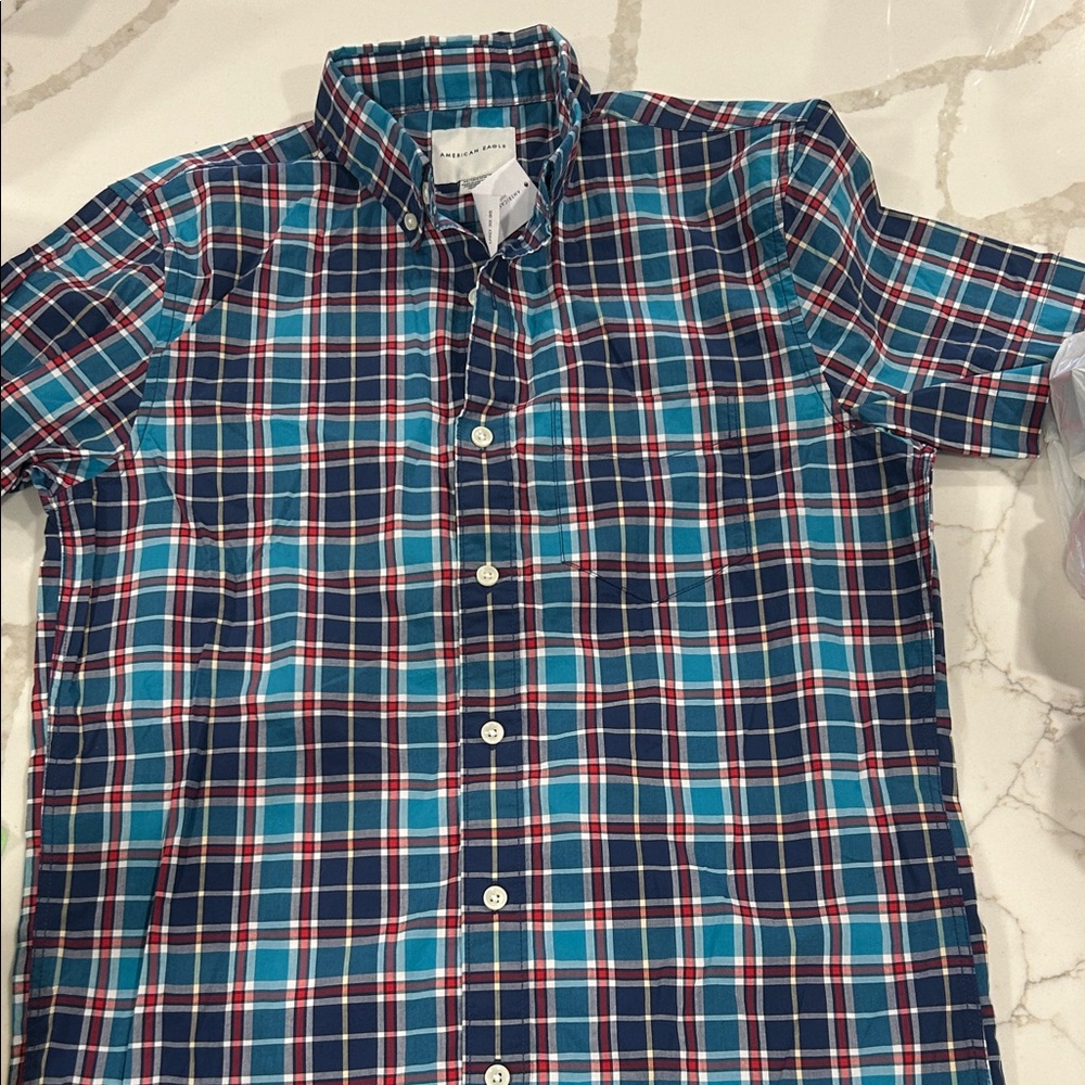 American Eagle Classic Plaid Button-Down Shirt in Navy, Teal & Red